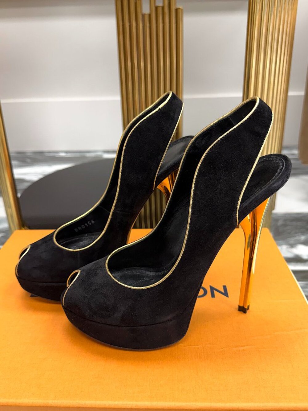 Louis Vuitton Black Suede Platform Heels Gold Heel Peep Toe Pumps Size 37 - Picture 10 of 16
